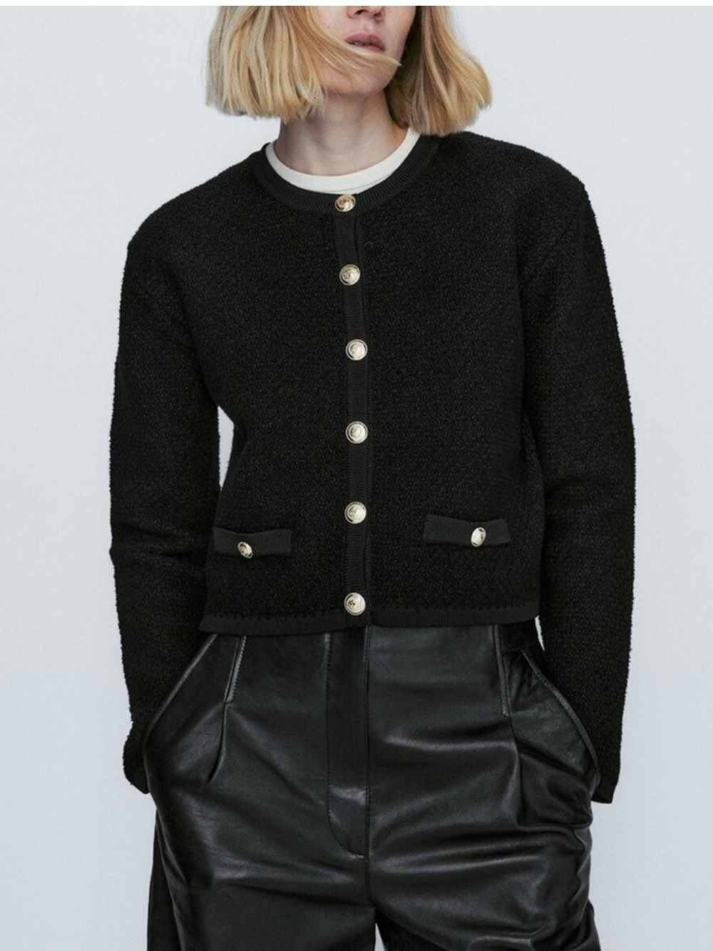 Massimo Dutti Black Bouclé Button-Front Jacket